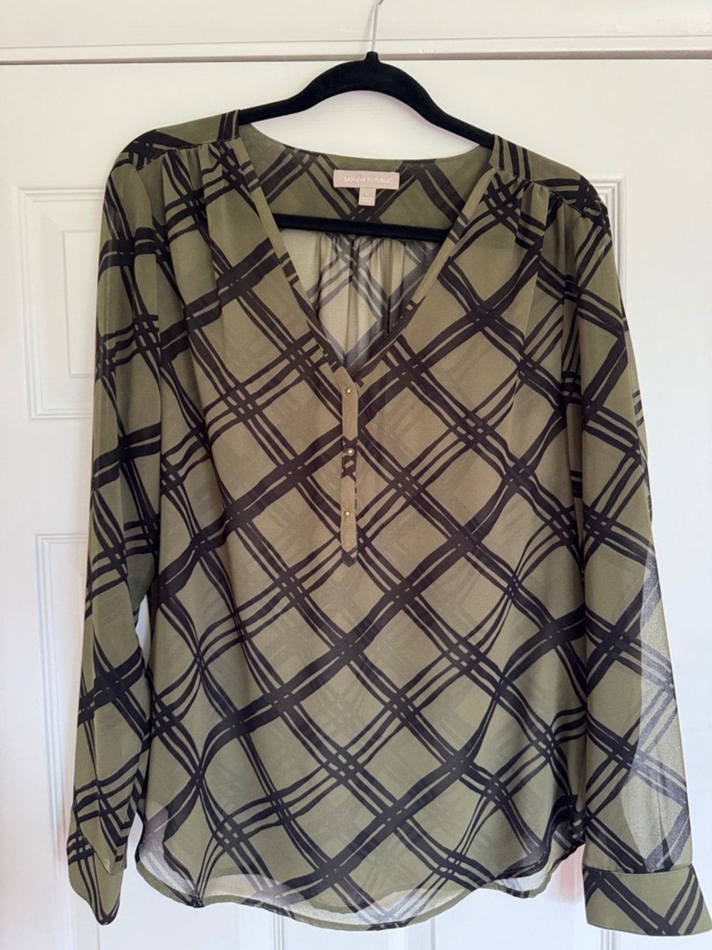 Banana Republic Olive and Black Plaid Sheer V‑Neck Henley Blouse